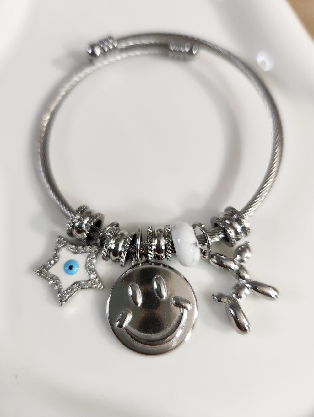 Silver Smiley Face Charm Bracelet with Star Evil Eye & Bead